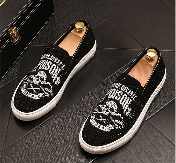 

2020 new men rhinestone skull shoes fashion black casual flats men's designer dress shoes sequined loafers men's platform driving