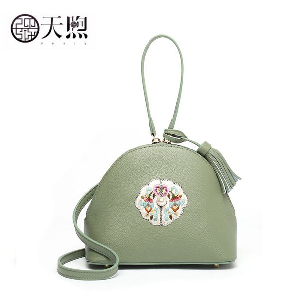 

pmsix 2019 new women leather bag quality cowhide green embroidery fashion shell bag leather shoulder crossbody