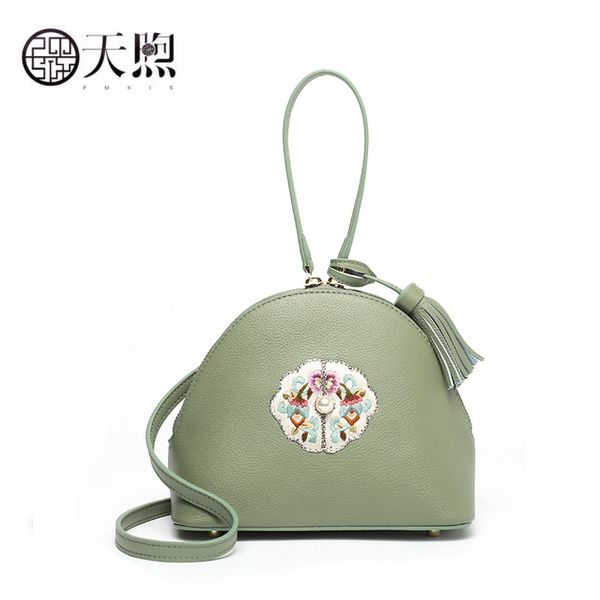 

pmsix 2019 new women leather bag quality cowhide green embroidery fashion shell bag luxury leather shoulder crossbody