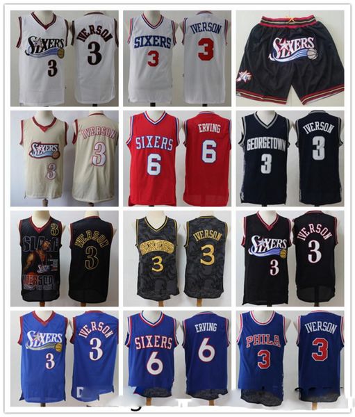 

mens throwback jersey allen 3 iverson julius philadelphia 6 erving basketball jersey basketball shorts 76ers black blue white, Black;red