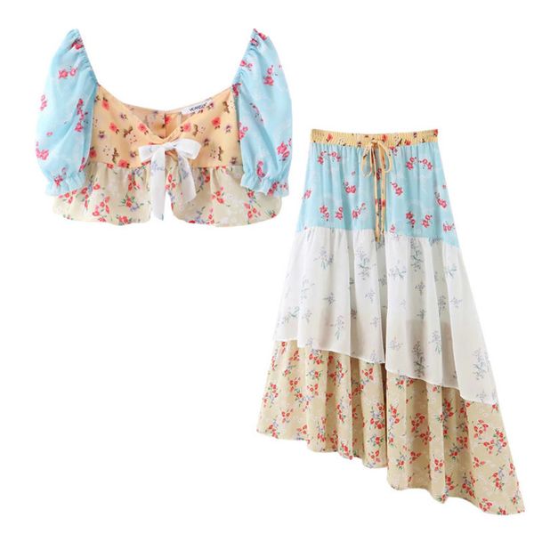 

deat 2020 spring summer short puff sleeve square collar bow long pleated irregular skirt women two piece set outfits mh538, White