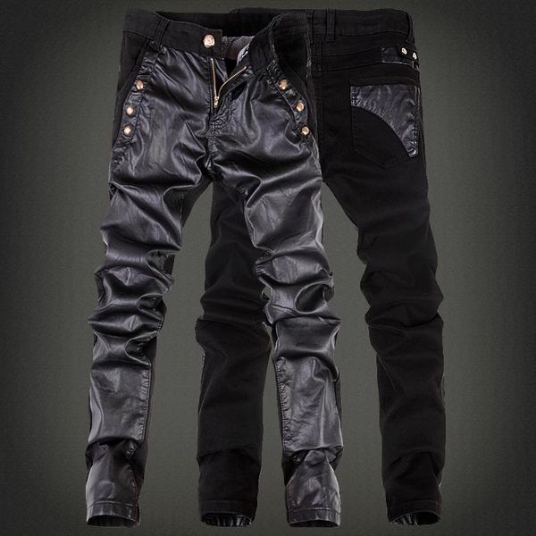 

spring winter fashion hip ho mens pu leather pants zipper design sweatpants skinny motorcycle joggers casual trouser jeans, Blue