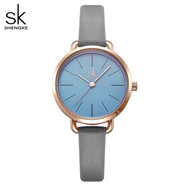 

shengke leather women watch ladies grey thin band strap green simple dial women quartz watches with gift box, Slivery;brown
