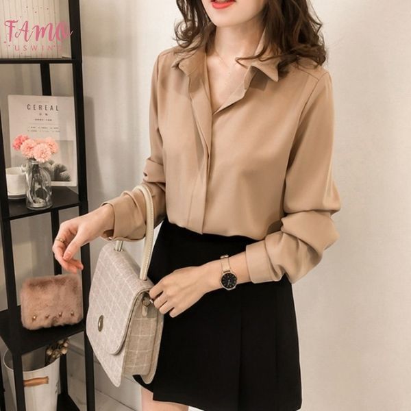 

fashion women shirts new 2020 summer lady elegant shirt chiffon blouse solid long sleeve office ladies shirts clothing, White