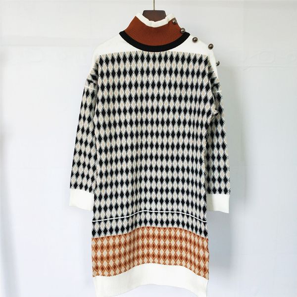 

2019 woman designer dress new stitching women clothes long dresses button diamond plaid knit pullover knit dress size s-l, Black;gray