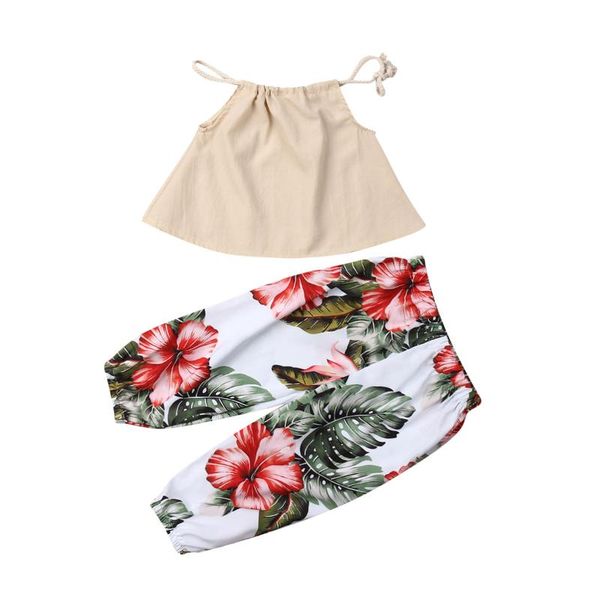

infant kids baby girl summer clothes sets solid sleeveless t-shirt floral pants 2pcs outfits clothes, White