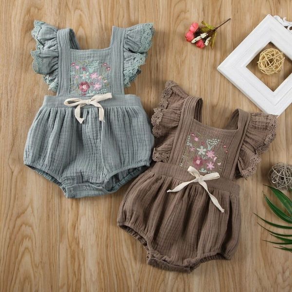 

0-18m новорожденных infant baby girl сборка ромперы цветок вышивка комбинезон мягких малыши ребёнка костюмы летняя винтажная одежда, Blue