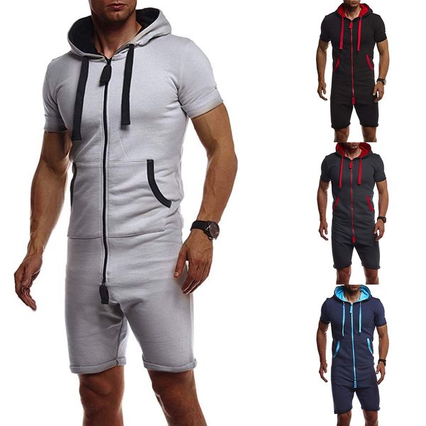 

one piece men overalls slim fit hooded short sleever short jumpsuit with pocket hoody casual tracksuit sportwear 2020 summer, Black