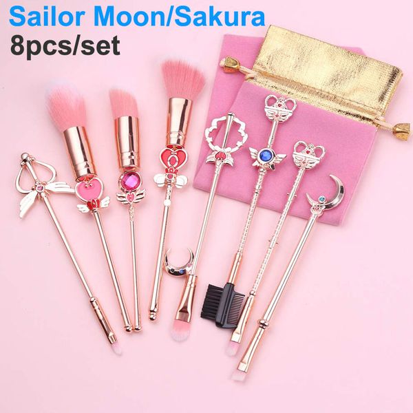 Sailor Moon Makyaj Fırçası Büyülü Kız 8 PCS Fırçalar Set Gül Altın Cardcaptor Sakura Kozmetik Fırça Sevimli Pembe Çanta Makyaj Aracı