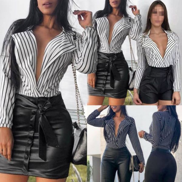 

2018 casual women white black long sleeve shirts summer style striped v neck blouse loose shirt blusas four size