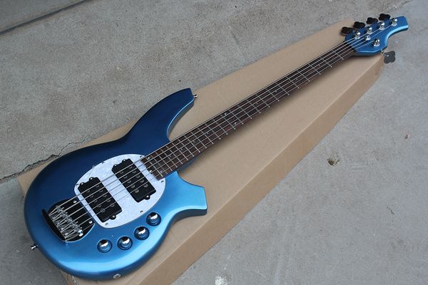 Fábrica de Metal Personalizado Azul 5-Cordas Guitarra Baixo Elétrico com Rosewood Fretboard, Hardwares Chrome, Circuito Ativo, Oferta Personalizado