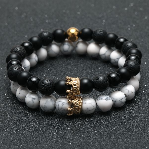 

2pcs charm paired bracelet for men gold crown women's bracelets natural stone beads wristband boho couple bracelet gifts friends, Black
