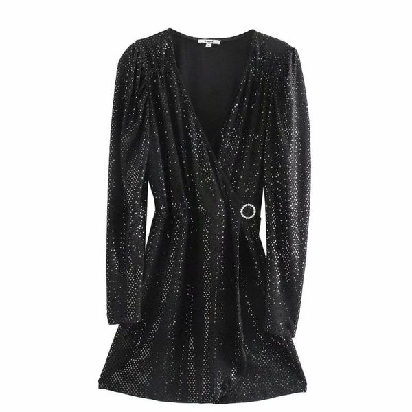 

2020 women fashion v neck shinning stretchy sequined black mini dress retro ladies puff sleeve vestidos chic club dresses ds3306, Black;gray