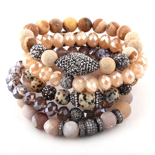 

fashion beautiful 5pc set beige bracelet set natural stone & glass crystal pave bracelets, Black
