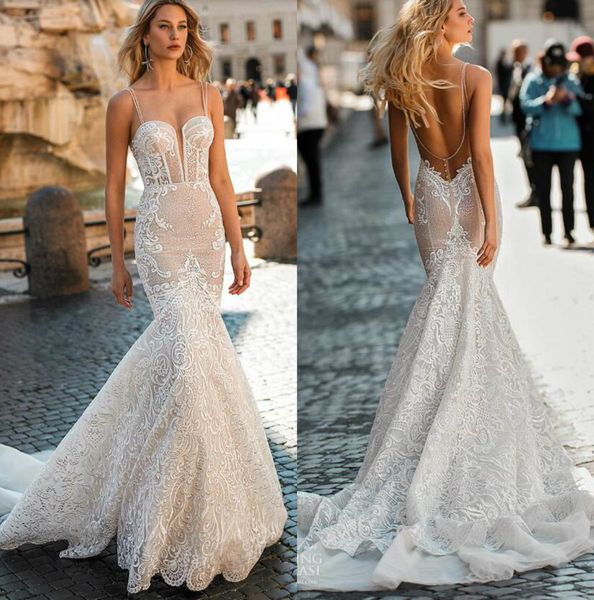 

2020 berta lace mermaid wedding dresses backless straps full applique garden summer beach wedding dress sweep train country bridal gowns, White
