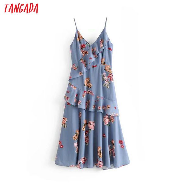 

tangada fashion women blue floral print summer dress ruffles strap adjust ladies beach chiffon dress vestidos 6m01, Black;gray