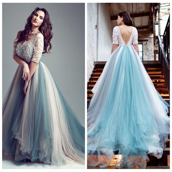 

2021 кружева половина рукава a-line свадебные платья красочные тюль юбка длинные свадебные платья новый дизайн backblee vestidos de mariee к, White