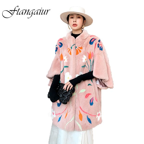 

ftangaiur 2019 winter import purple label velvet coat print three quarter sleeve mink coat women's real coats, Black