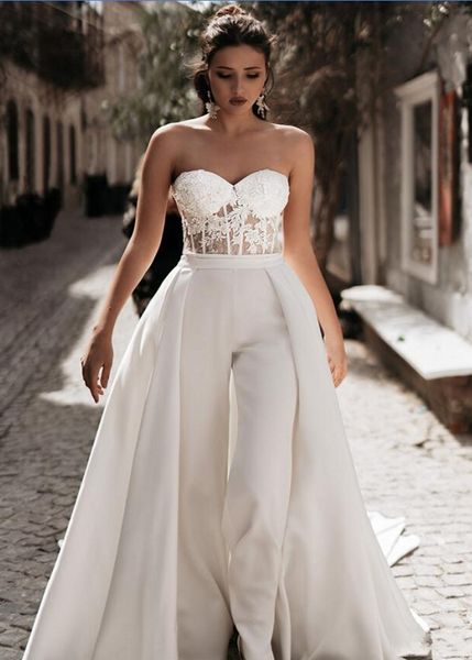 

custom lace appliqued mother bride suits jumpsuits with detachable skirts sweetheart tulle beach wedding dress boho bridal gowns, Black;red