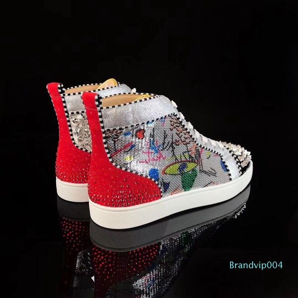 

original box]exquisite red bottom graffiti beads leather with studs sneakers shoes new brand men women high walking size 35-46, Black