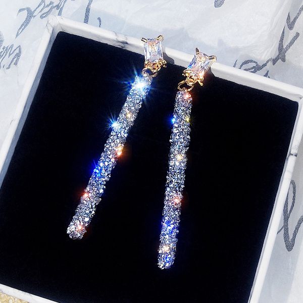 

fashion 1pair long crystal earrings women trendy geometric simple female shining luxury new dangle drop earring, Silver