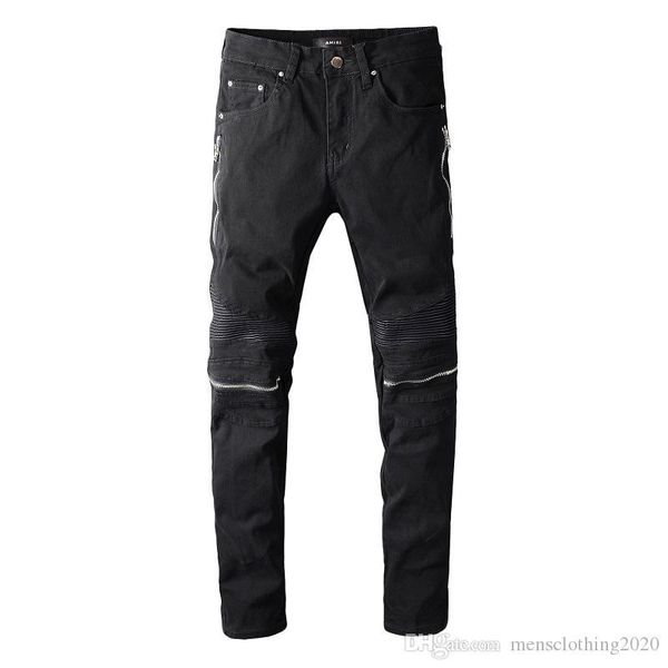 

2020 высокое качество мужские джинсы амири проблемные мотоцикл байкер джинсы рок тощий рваные дырочные полосы известный бренд джинсовые брюк, Blue