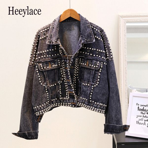 

jacket women 2019 autumn hand rivet studded denim jacket loose outwear female new students casual short jeans coats, Black;brown