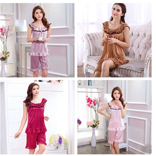 

2019 summer new women's fashion short sleeve ice silk pajamas sets round neck comfortable home clothes breathable sleepwear suit, Blue;gray