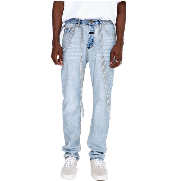 

мужчины узкие джинсы байкер разрушенный изношенные fit denim рваные джинсовые брюки боковые полосы карандаш штаны хип-хоп streetwear, Blue