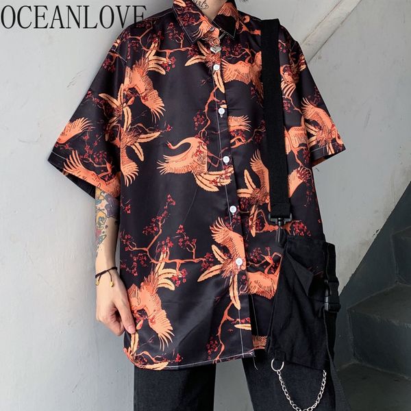 

oceanlove harajuku печать урожай 2020 женщины блузы для печати с коротким рукавом ins streetwear рубашки весна лето сыпучие blusas 14828, White