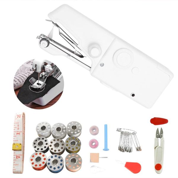 

multifunction mini portable handheld electric sewing machine set with pins scissors bobbins coils rod tape measure sewing tools, Black