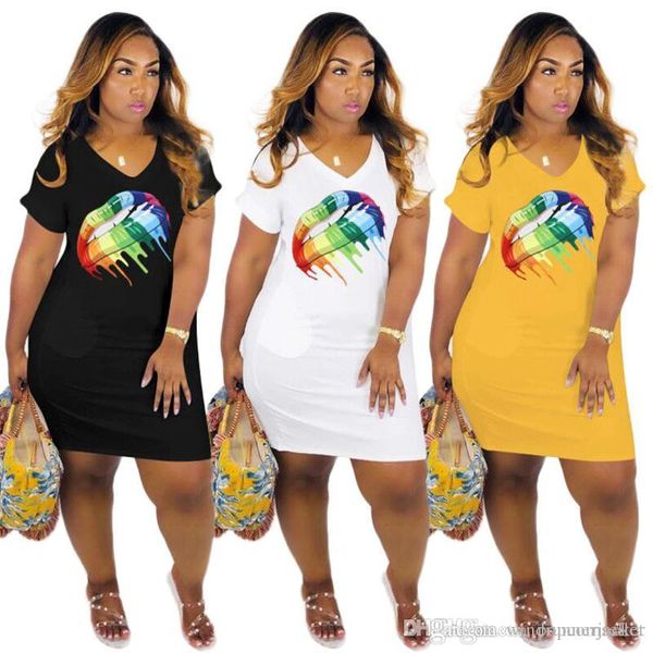 

designer woman summer dresses style cute v neck rainbow lip dresses womens summer clothing, Black;gray