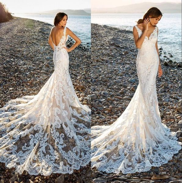 

romantic chapel train lace mermaid wedding dress 2020 v-neck beaded summer beach backless wedding bridal gowns robes de mariée, White