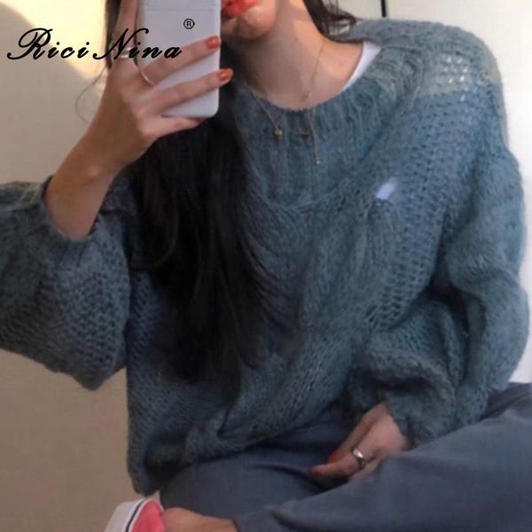 

ricinina knitted sweater women winter pullovers woman 2019 o neck solid blue casual cashmere sweater women long sleeve jumpers, White;black