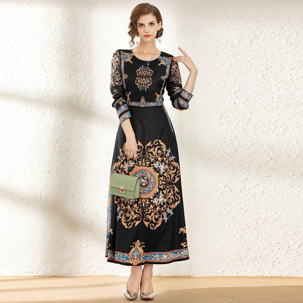 

luxury runway designer black dress women long sleeve lapel neck party prom ladies baroque print dress elegant casual office dresses, Black;pink