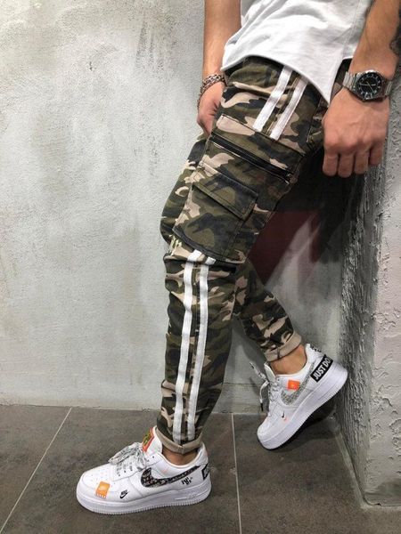 

designed for the new men's jeans multi-pocket slim-fitting tight foot mouth side web camouflage feet pants nk77, Blue