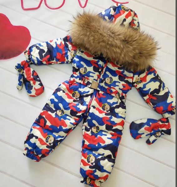 

real fur hooded 2019 winter jacket child jackets children jumpsuit snow suit girl floral limbing down romper ski suits outerwear, Blue;gray