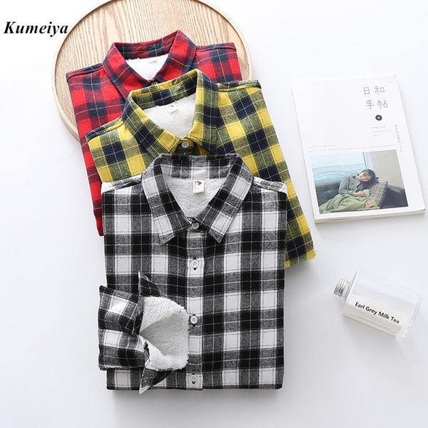 

winter plaid blouse women keep warm cotton long sleeve thick velvet white black red shirt lady blusas feminina 2019