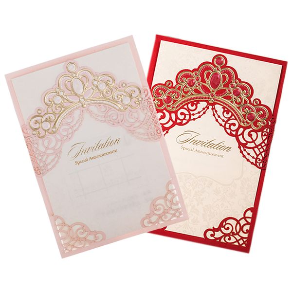 

princess dream] gold crown laser cut elegant wedding invitations 50pcs, blank invitation card with envelopes for quinceanera