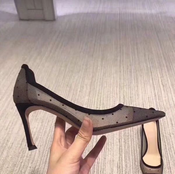 

2020050105 40 7cm see through dot black genuine leather heels ladies nude fashion