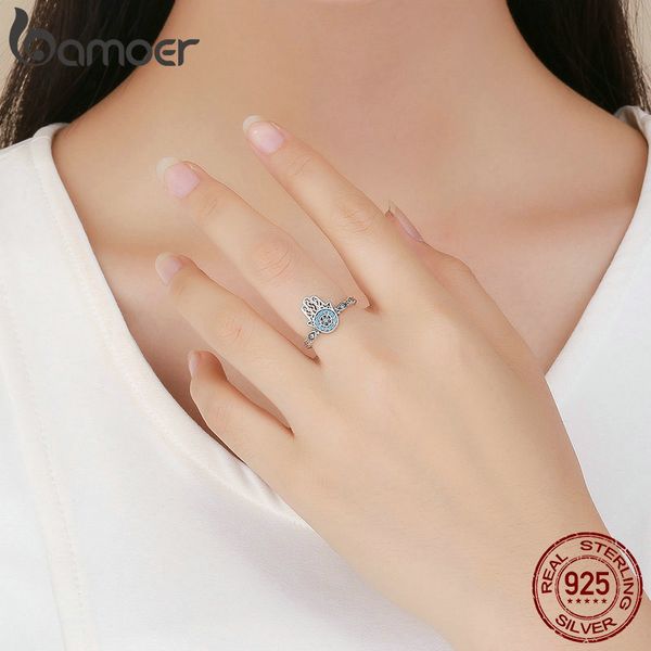 

bamoer genuine 100% 925 sterling silver fatima's guarding hand blue cz eyes finger ring for women engagement jewelry scr369, Slivery;golden