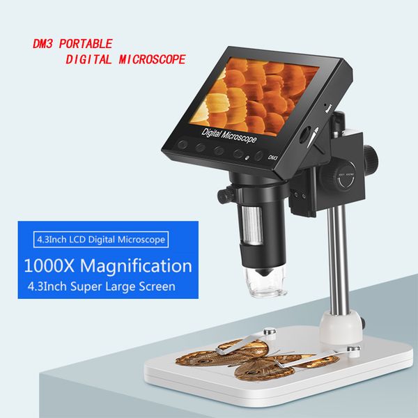 

portable 4.3 inch lcd screen electronic microscope 1000x usb digital microscope dm3 8 led stand for pcb motherboard repairing