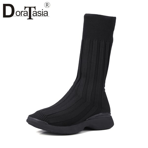 

doratasia sweet girl mid calf boots women autumn stretch boots ladies platform casual wedges shoes woman, Black