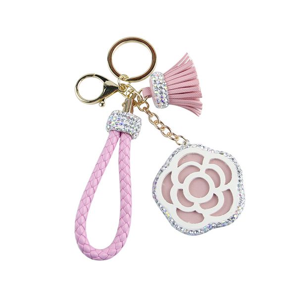 

fashion rhinestone camellia flower keychain crystal leather wrist rope tassel key chain car keyring women bag charm pendant gift, Slivery;golden