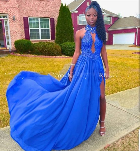 

high neck royal blue african prom dresses long slit train evening gown applique lace backless vestidos de festa 2019, Black