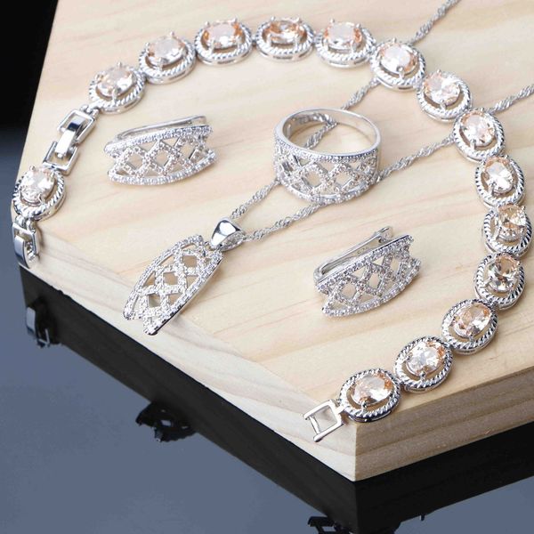 

champagne cubic zircon jewelry sets for women crown silver 925 jewelry earrings ring necklace bracelet 3 option for u, Slivery;golden