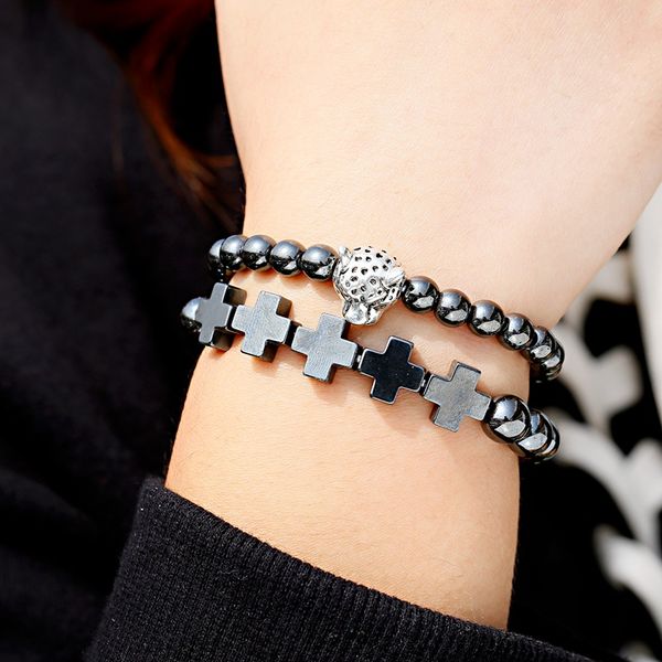 

2020 men's crosses hematite bracelet fashion charms jewelry sliver lepord head natural stone bracelets hommes pulseira masculina, Black