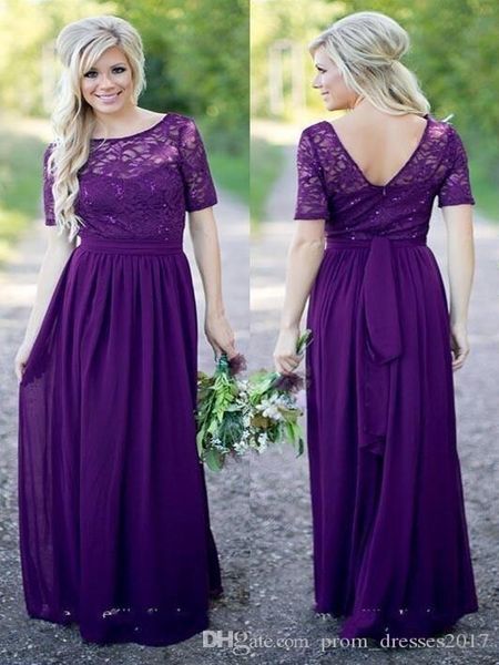

country style purple lace bridesmaid dresses backless long chiffon cap short sleeves beach wedding maid of honor party evening dresses, White;pink