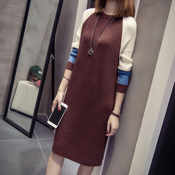 

korean autumn winter dress women knitted dress lady work dresses midi loose knitted long sleeve sweater dresses, Black;gray