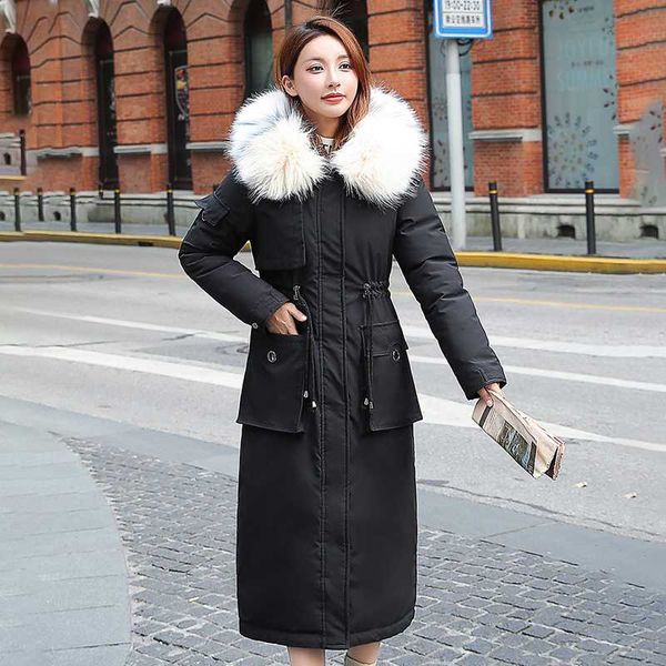 

women's down & parkas jacket 2021 winter coats fur hooded slim pocket outwear parka thick warm jackets coat, Black